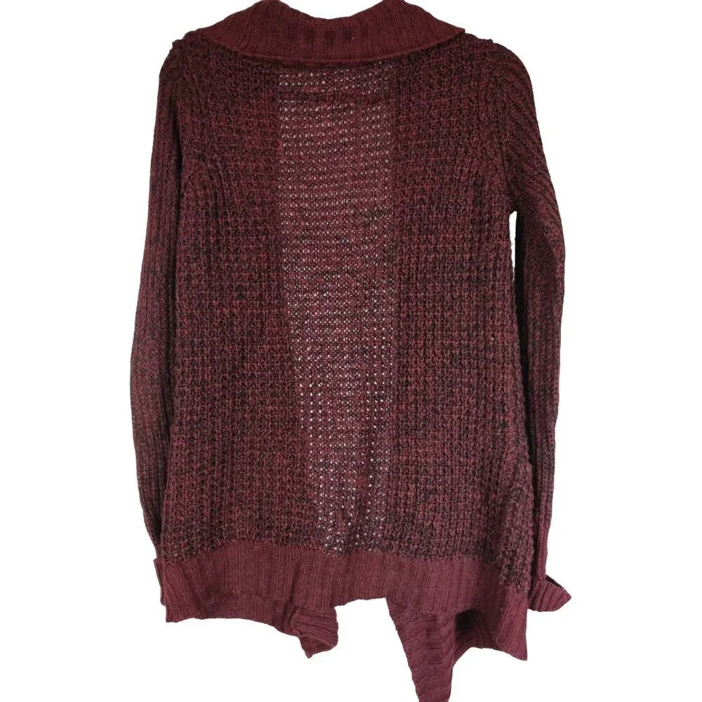 RD Style S Open Front Marled Burgundy Knit Cardigan Pockets Cozy Fall Layering - Picture 2 of 6